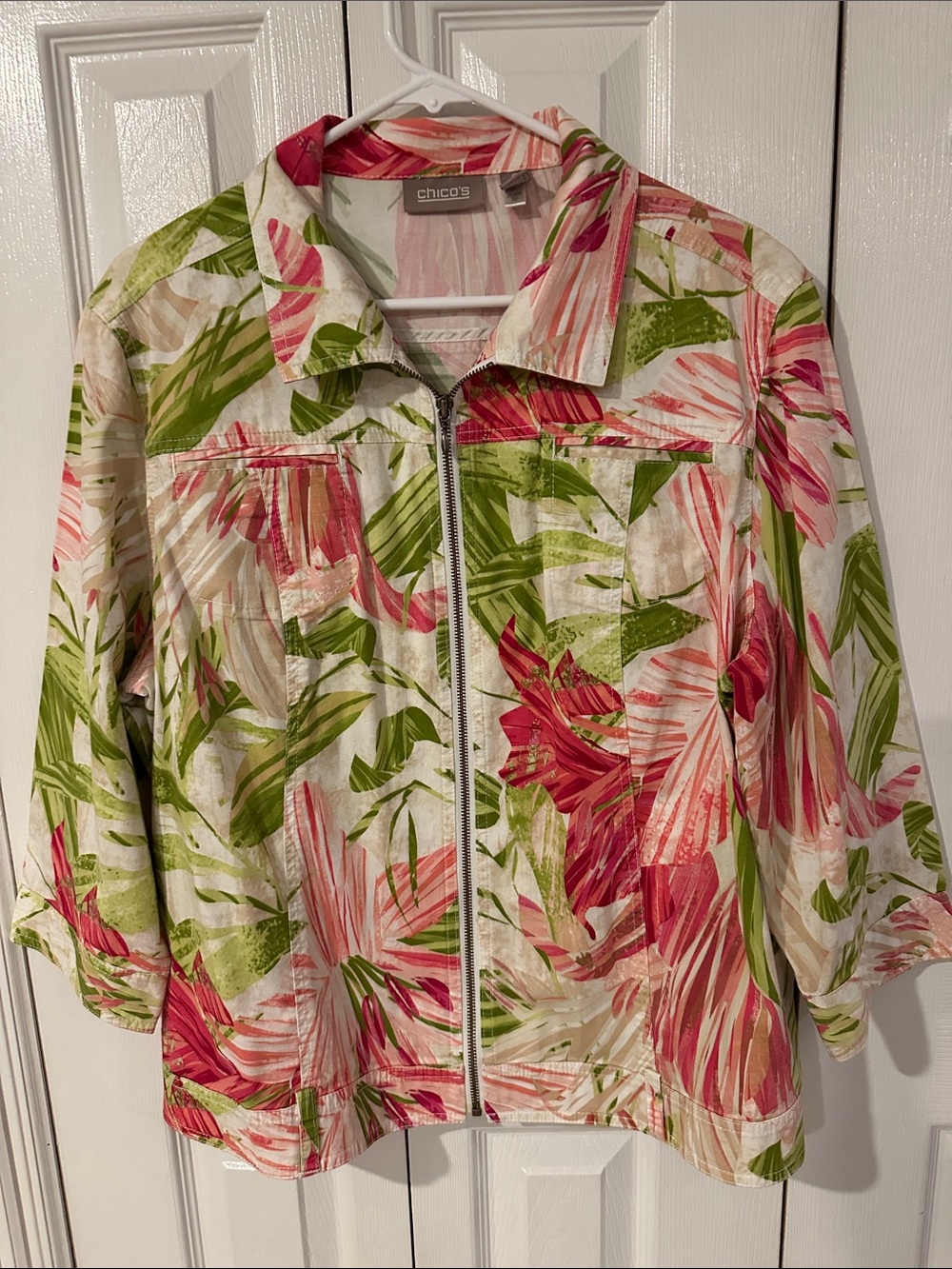 Chico's Pink & Green Floral Zip-Front Utility Jacket | 3